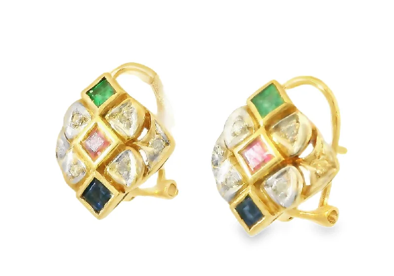 Gorgeous Estate 18K Yellow Gold Ruby Emerald Sapphire Diamond Earrings