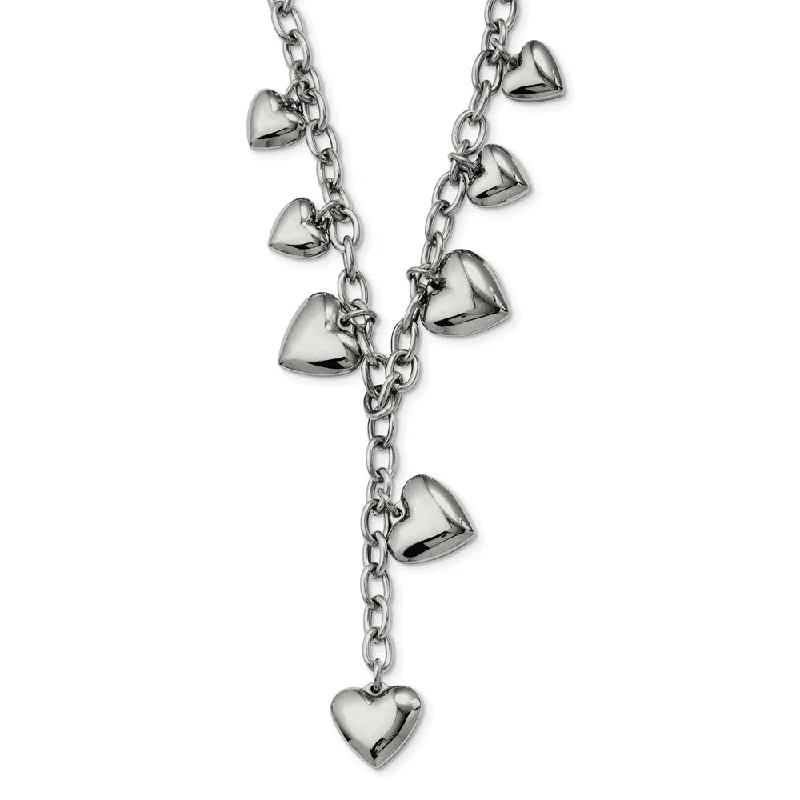 Stainless Steel Puffed Hearts Y Necklace - 18 Inch