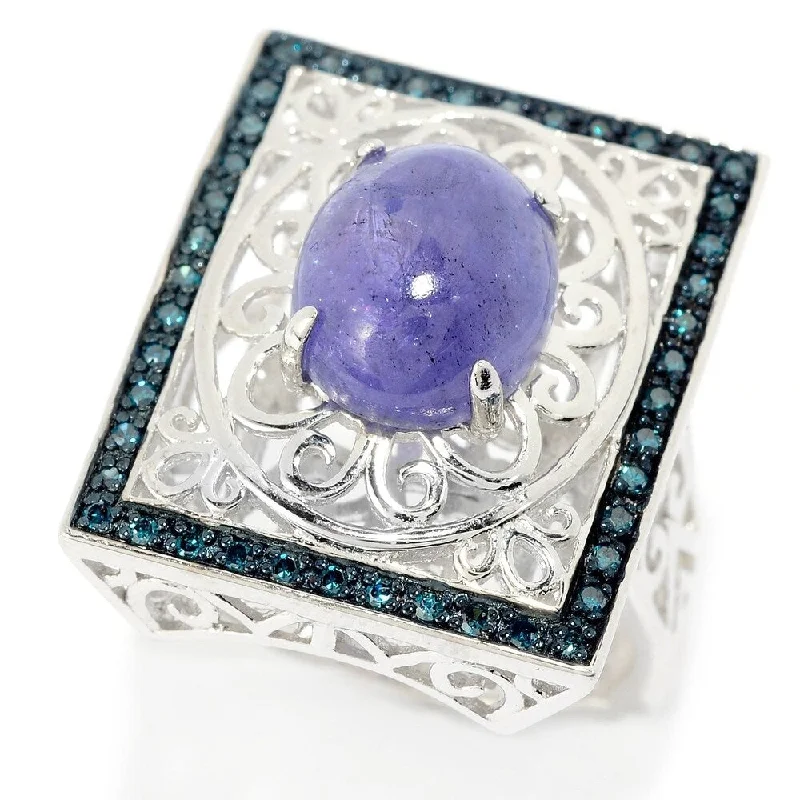 Sterling Silver 11 x 9mm Tanzanite & Blue Diamond Filigree Ring