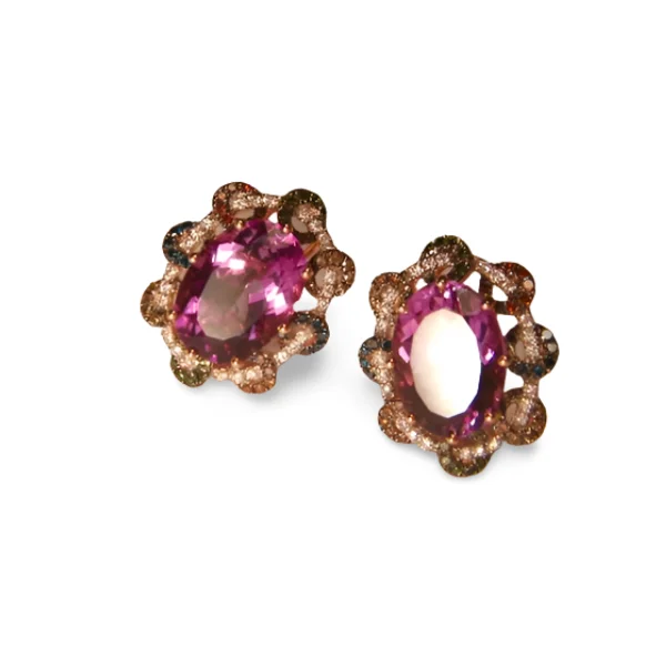 Magnificent 14K Rose Pink Gold Diamond Amethyst Huggie Earrings