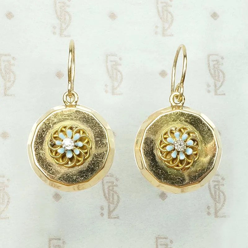 Gold Disc Earrings with Flowers & Diamonds by Ancient Influences