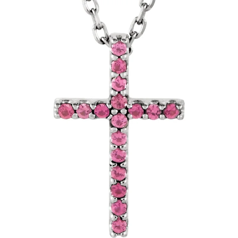 14KT GOLD 0.08 CTW PINK TOURMALINE PETITE CROSS NECKLACE