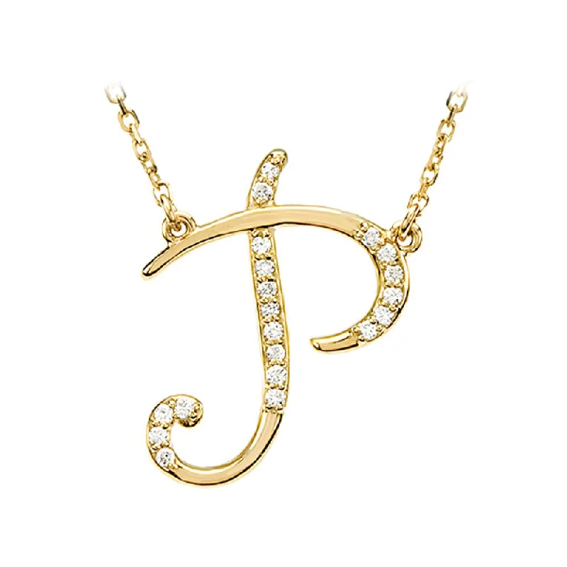 1/10 Ctw Diamond 14k Yellow Gold Medium Script Initial P Necklace 17in