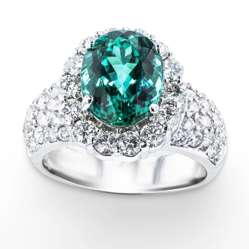 JULEVE 18KT WHITE GOLD 3.90CT BLUE-GREEN TOURMALINE & 1.84CTW DIAMOND RING