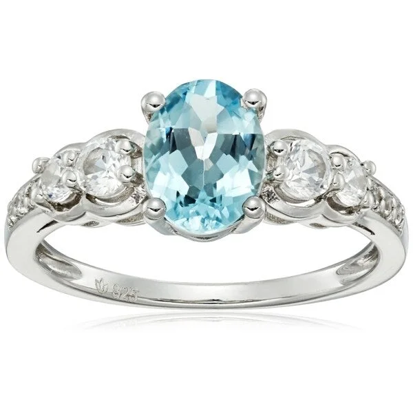 Sterling Silver Aquamarine & Created White Sapphire Ring, Size 7 - Blue