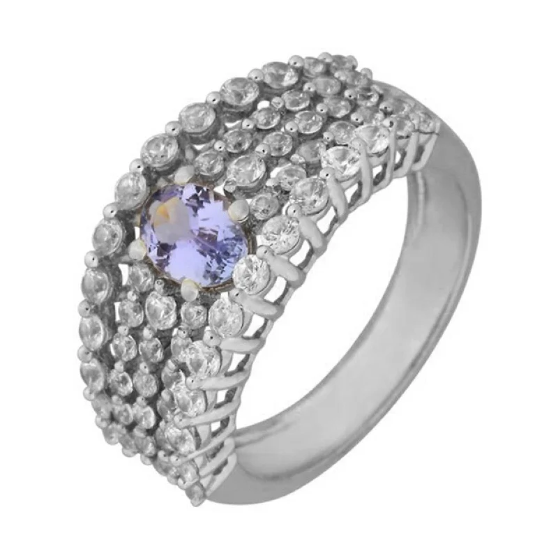 925 Sterling Silver Tanzanite and White Natural Zircon Ring