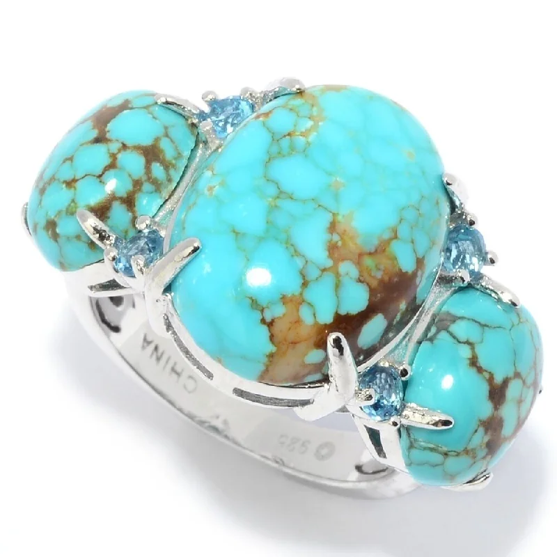 Sterling Silver 16 x 12mm Mine #8 Turquoise & Topaz 3-Stone Ring