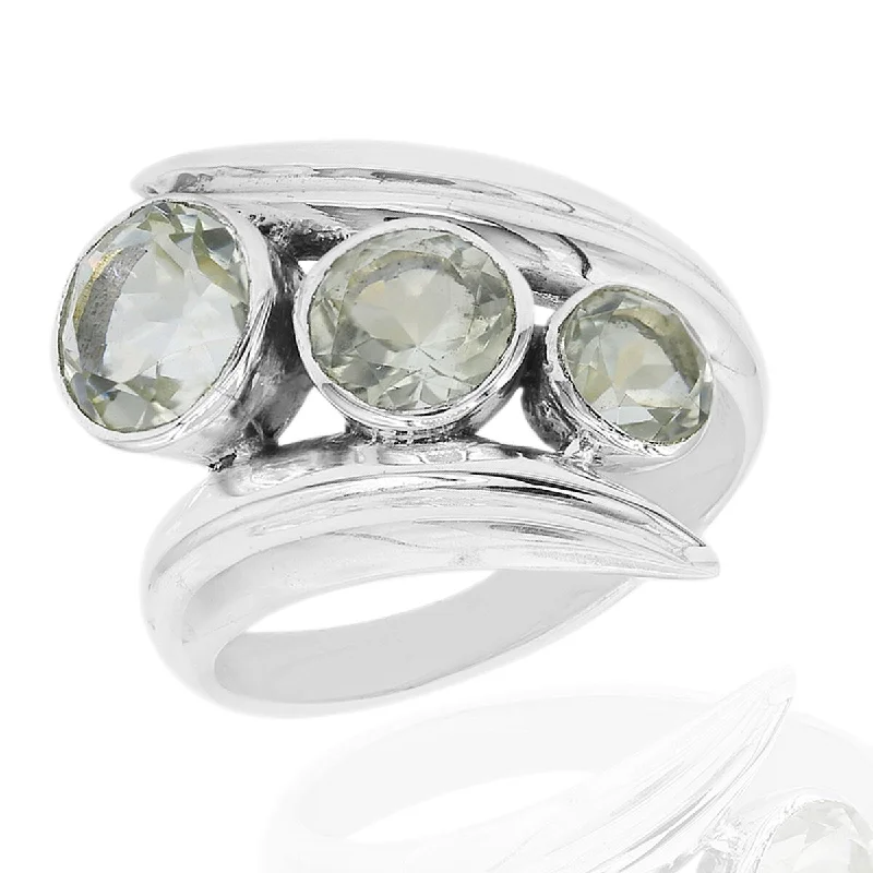 925 Sterling Silver Green Amethyst 3-Stone Ring