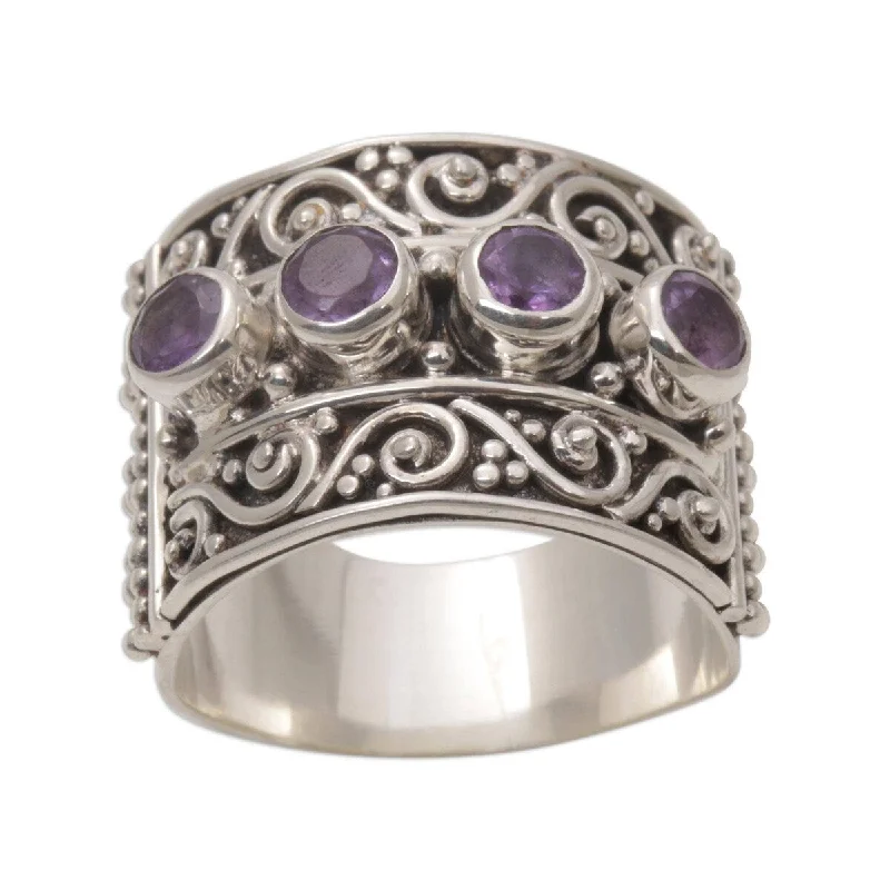 NOVICA Handmade Sterling Silver Lucky Four Amethyst Ring (Indonesia)