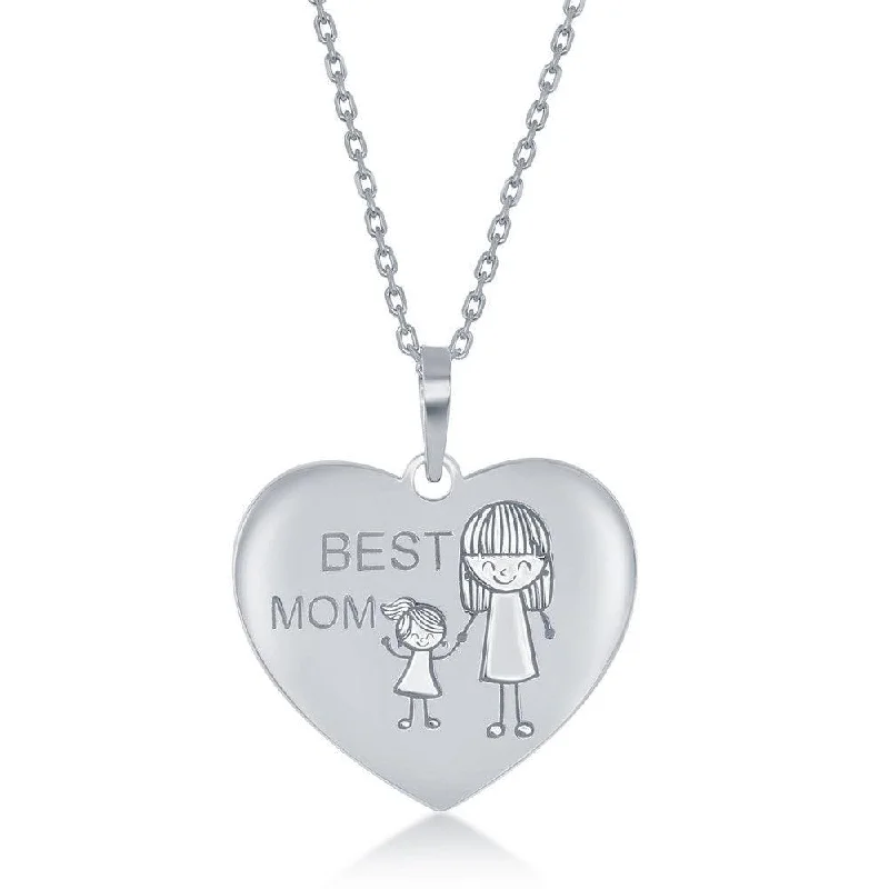 Sterling Silver EngravedBest Mom' Mom and Daughter Heart Necklace