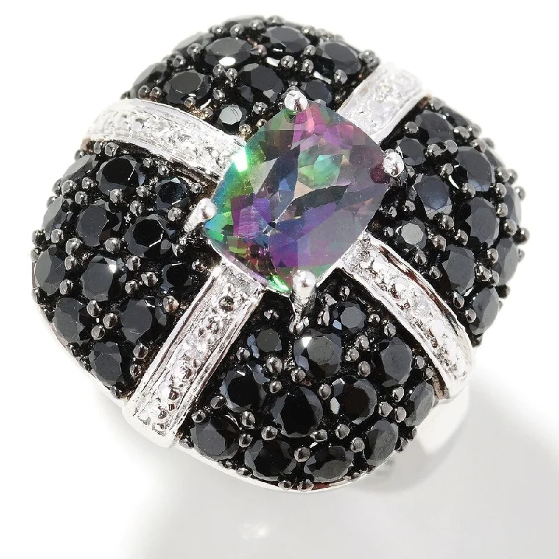 Platinum O/ Silver 4.63Ctw Mystic Topaz & Black Spinel Ring