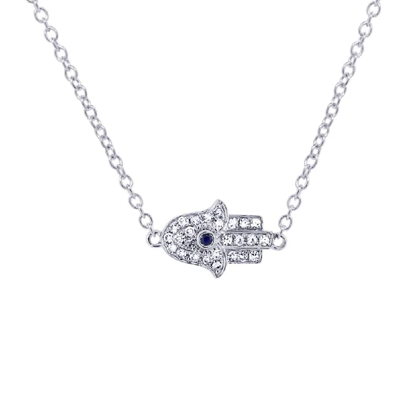 14KT WHITE GOLD SAPPHIRE AND DIAMOND PAVE HAMSA NECKLACE