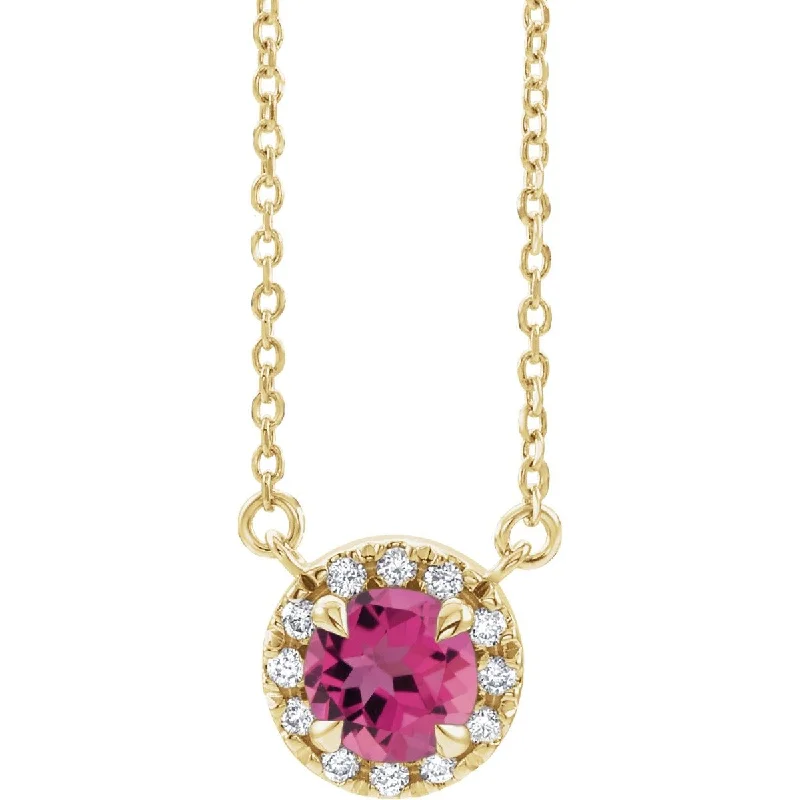 14KT GOLD 3/4 CT PINK TOURMALINE & 1/10 CTW DIAMOND ROUND HALO NECKLACE