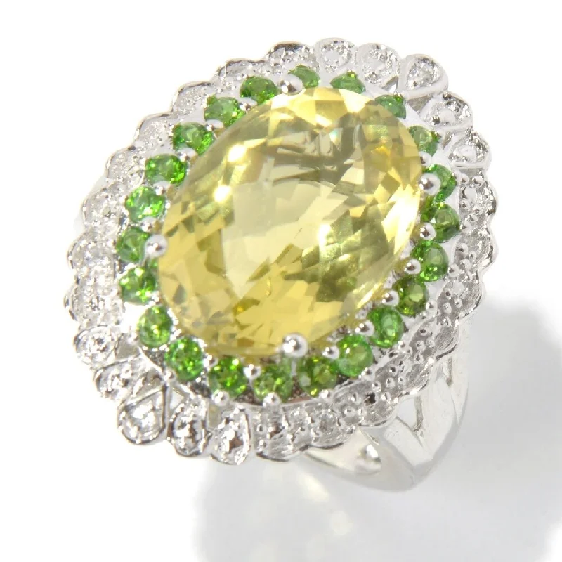 925 Sterling Silver Chrome Diopside,White Natural Zircon,Lemon Quartz Ring