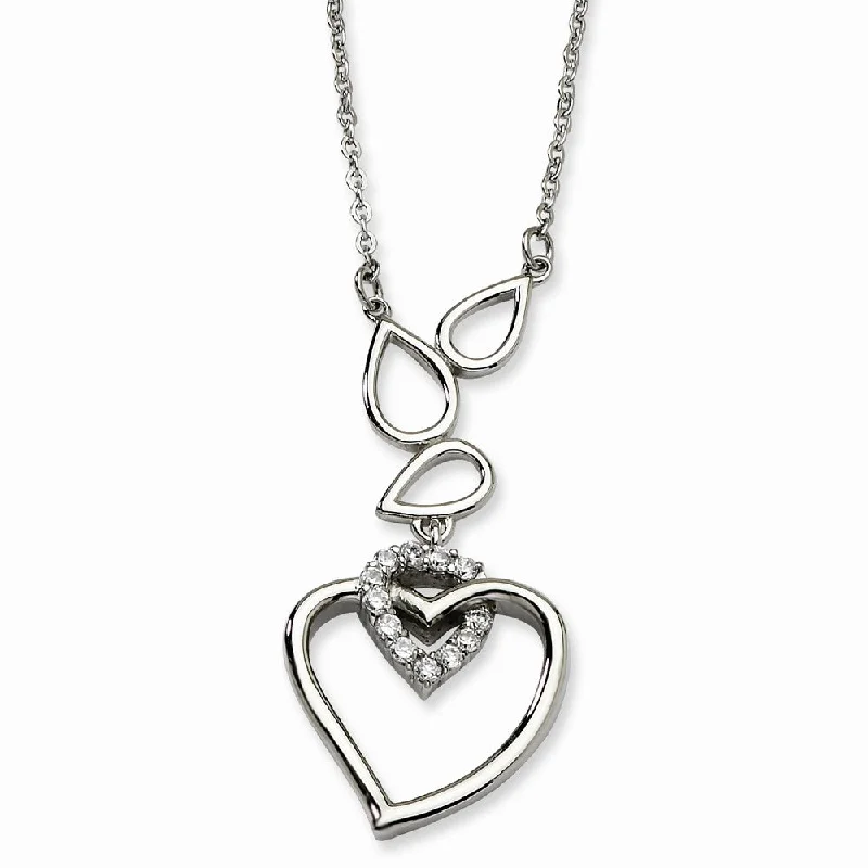 Stainless Steel Teardrops and Heart Adjustable Necklace with CZ - 18in