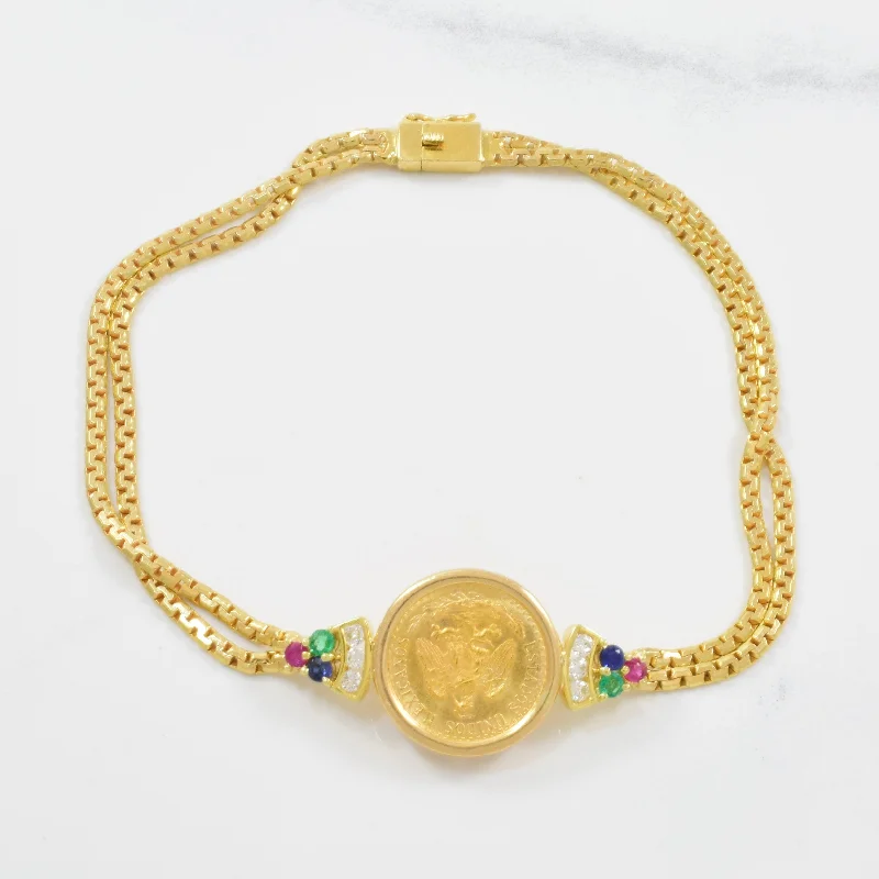 Two Peso Gold Coin Bracelet | 0.12ctw, 0.22ctw | 7" |