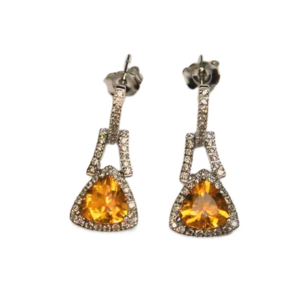 Gorgeous 14K White Gold Trillion Citrine Diamond Drop Earrings