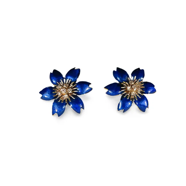 Magnificnet 18K White Gold Hidalgo Blue Enamel Floral Diamond Jacket Earrings