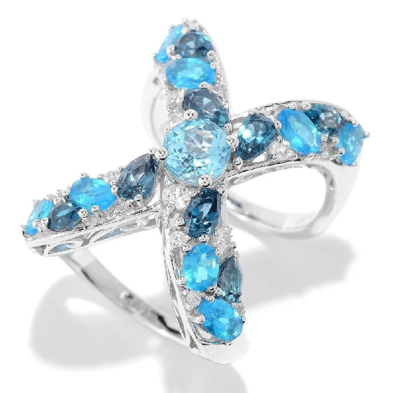 Pinctore SS Swiss Blue Topaz, Neon Apatite, London Blue Topaz Ring, Size 7