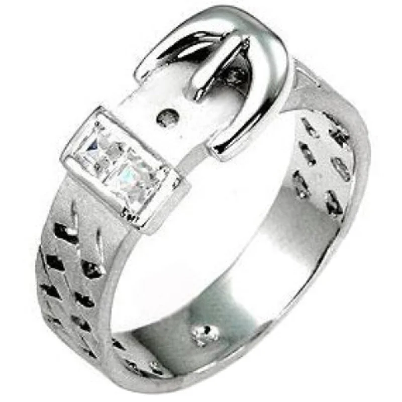 Bezel Cubic Zirconia Silver-Tone Buckle Ring