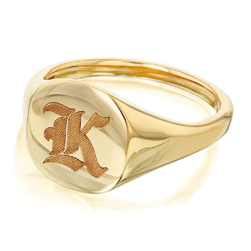 Annello by Kobelli 14k Yellow Gold Personalized Signet Initials Cushion Ring - Old Script