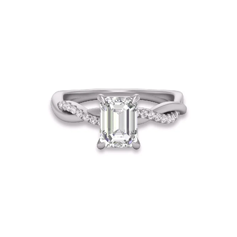 Marquee Agatha Twisted Pave Ring with IGI Certified 2 Carat Lab-Grown Emerald Cut Diamond in 14K White Gold