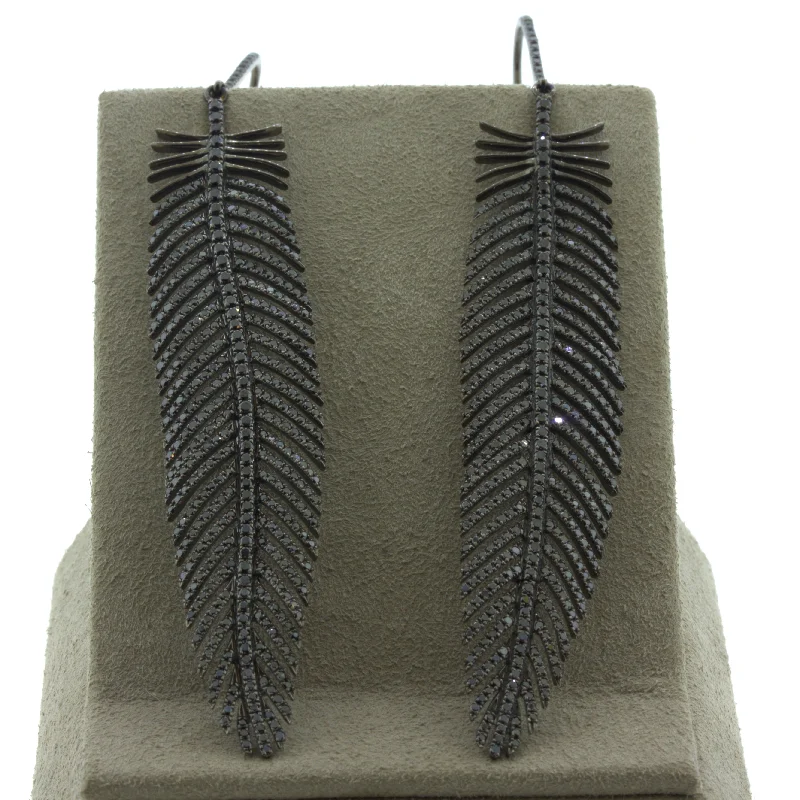 Black Diamond 18k Gold Feather Earrings