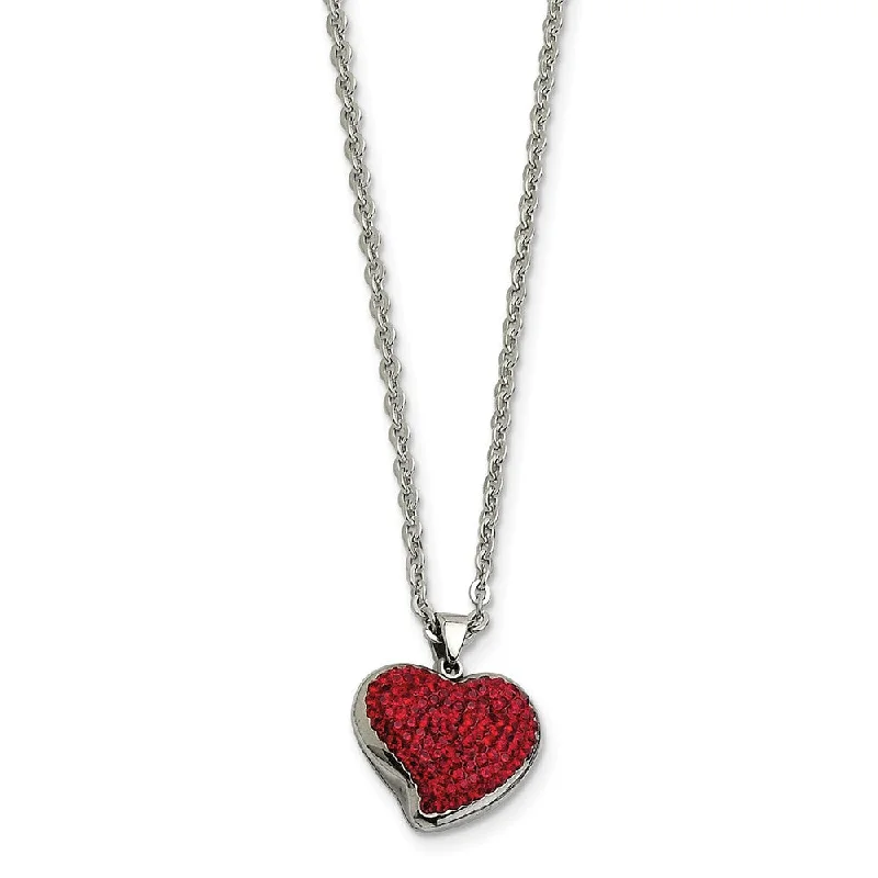 Stainless Steel and Red Crystal Heart Necklace - 22 Inch