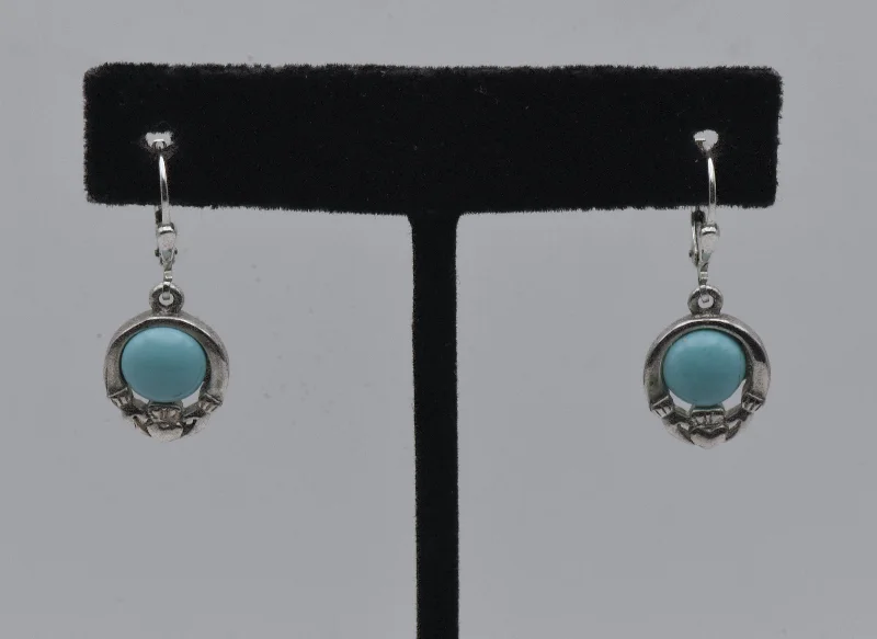 Vintage Irish Claddagh Turquoise Sterling Silver Earrings