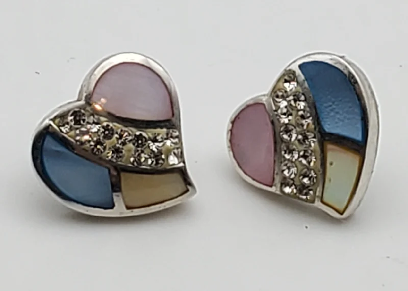 Vintage Sterling Silver Mother of Pearl Enamel and Rhinestone Heart Stud Earrings