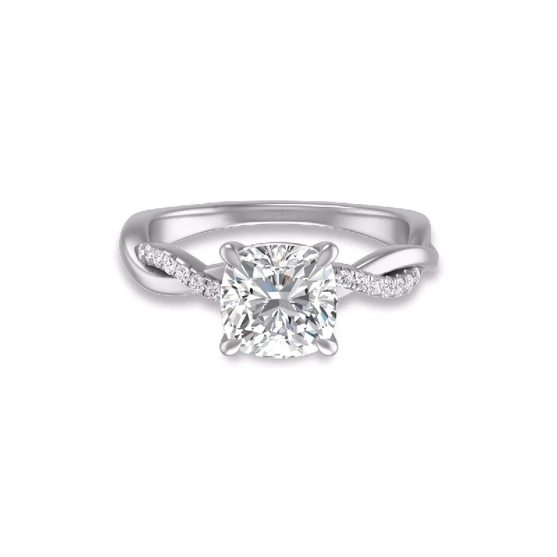 Marquee Agatha Twisted Pave Ring with IGI Certified 3 Carat Lab-Grown Cushion Cut Diamond in 14K White Gold