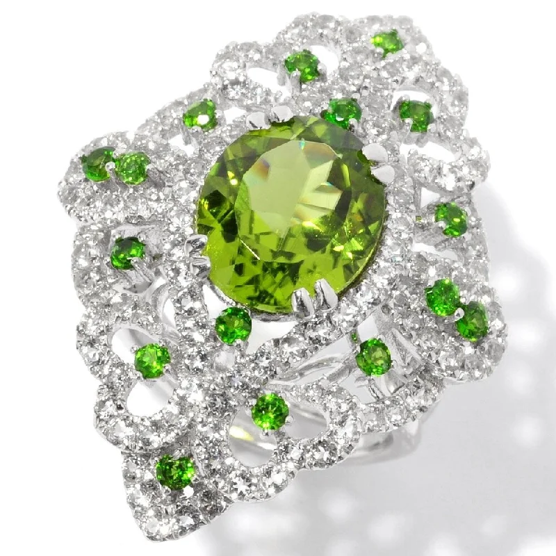 Sterling Silver Peridot and White Topaz North-south Large Cocktail Ring