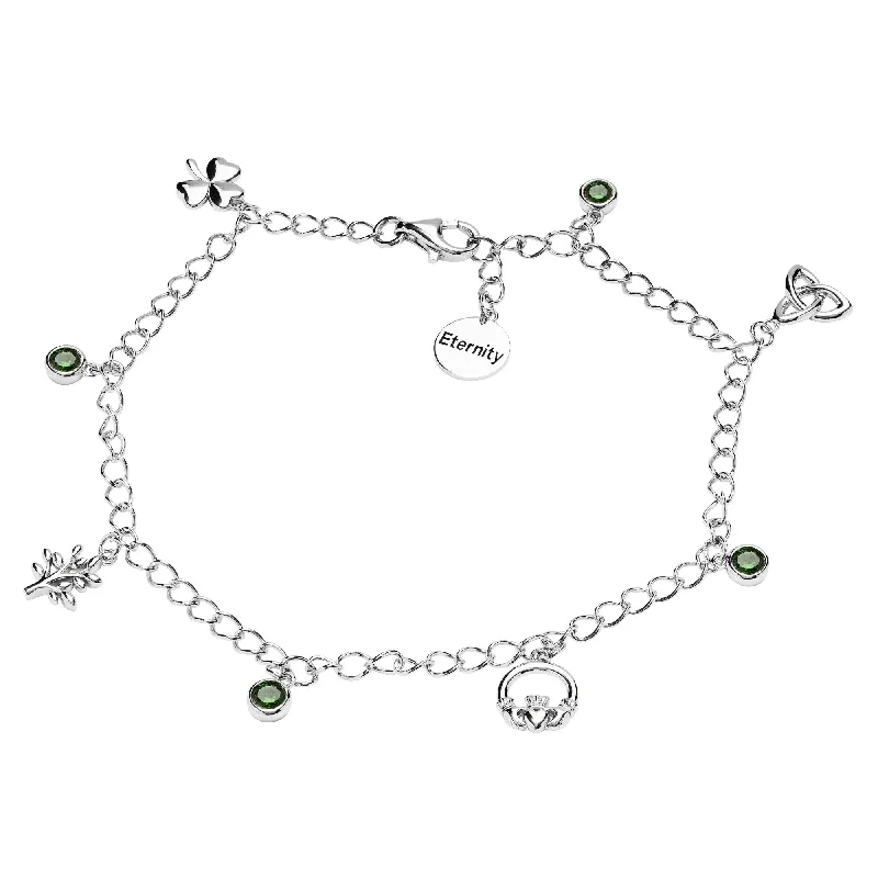 Sterling Silver "Eternity" Irish Symbol Bracelet with Four Green CZ Stones SB2115