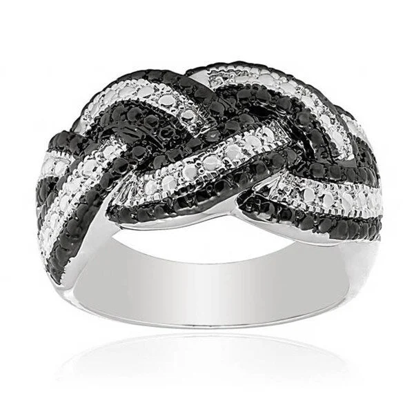 Finesque Silver Overlay Black Diamond Accent Braided Ring