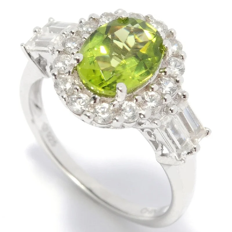 Rhodium o/ Ster Silver 3.32ct Peridot Solitaire w/ accent Ring, Size 7 - Green