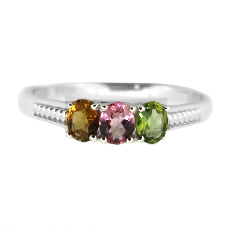 925 Sterling Silver Mutli Color Tourmaline 3-Stone Ring