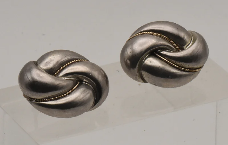 Vintage Sterling Silver and 14K Gold Knot Omega Back Earrings - READ DESCRIPTION