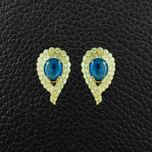 Cabochon Natural Sapphire & Diamond Van Cleef Estate Earrings