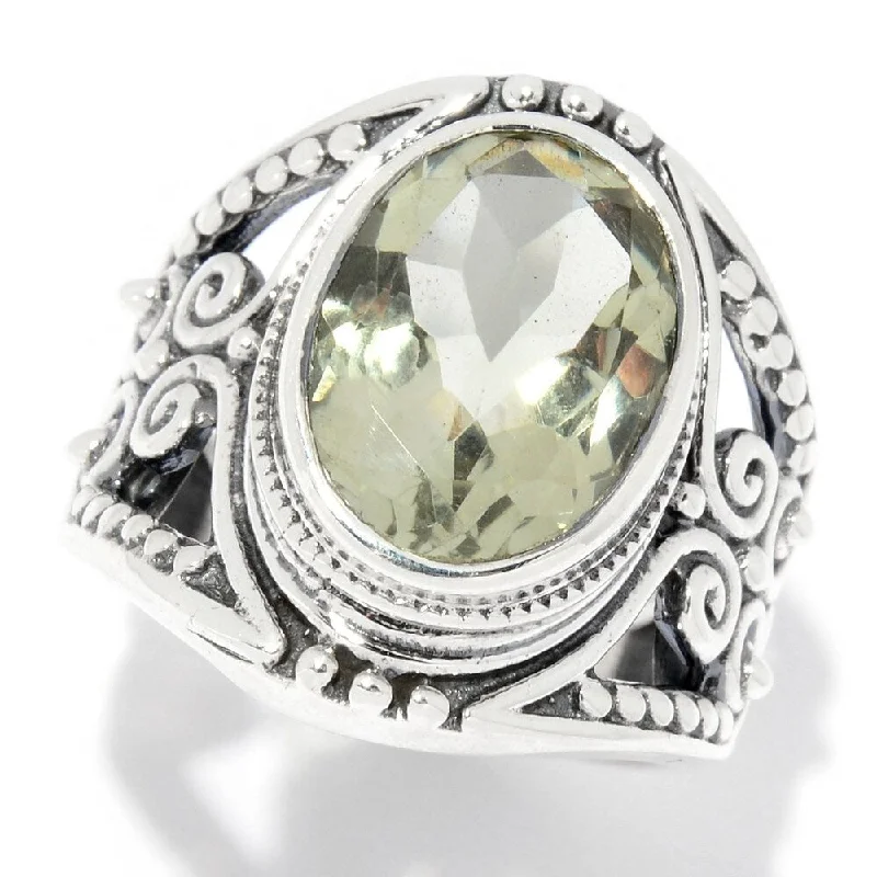 Sterling Silver 5.00ctw Oval Green Amethyst Scrollwork Ring