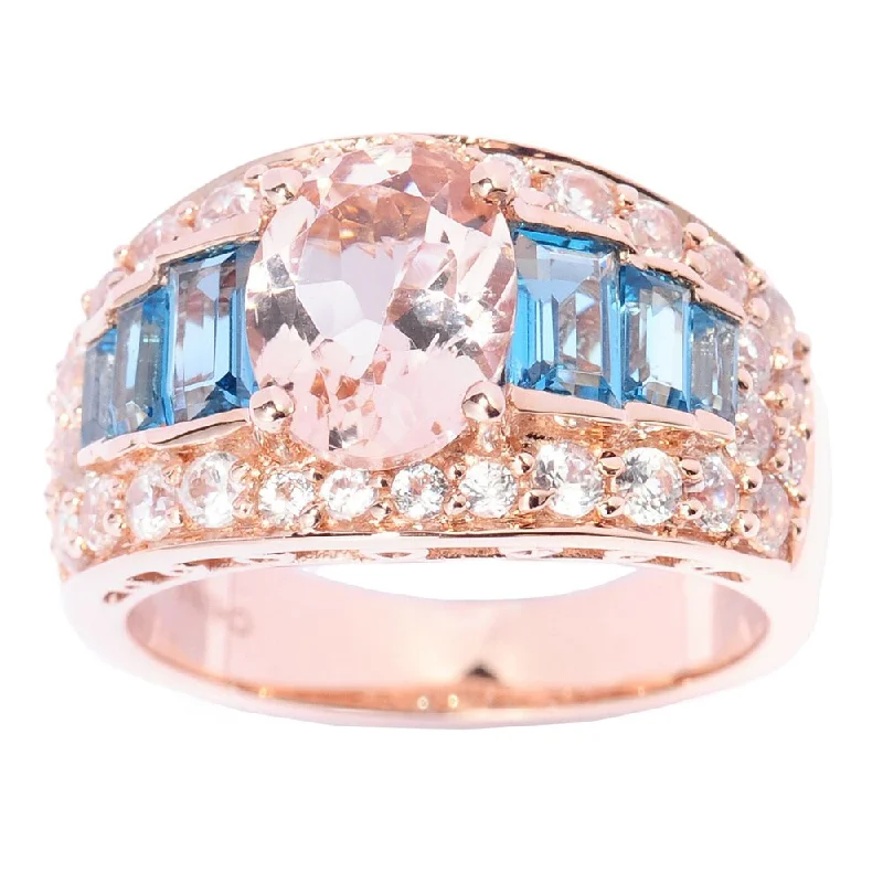 14k Rose Gold 3 7/8ct TGW Morganite, Blue Topaz and Cubic Zirconia Multi-level Ring