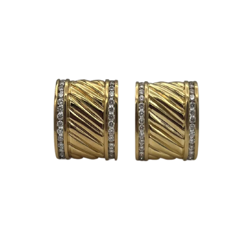 David Yurman Solid 18k Yellow Gold and Diamond Ear Clips Thoroughbred Sculpted Cigar Band