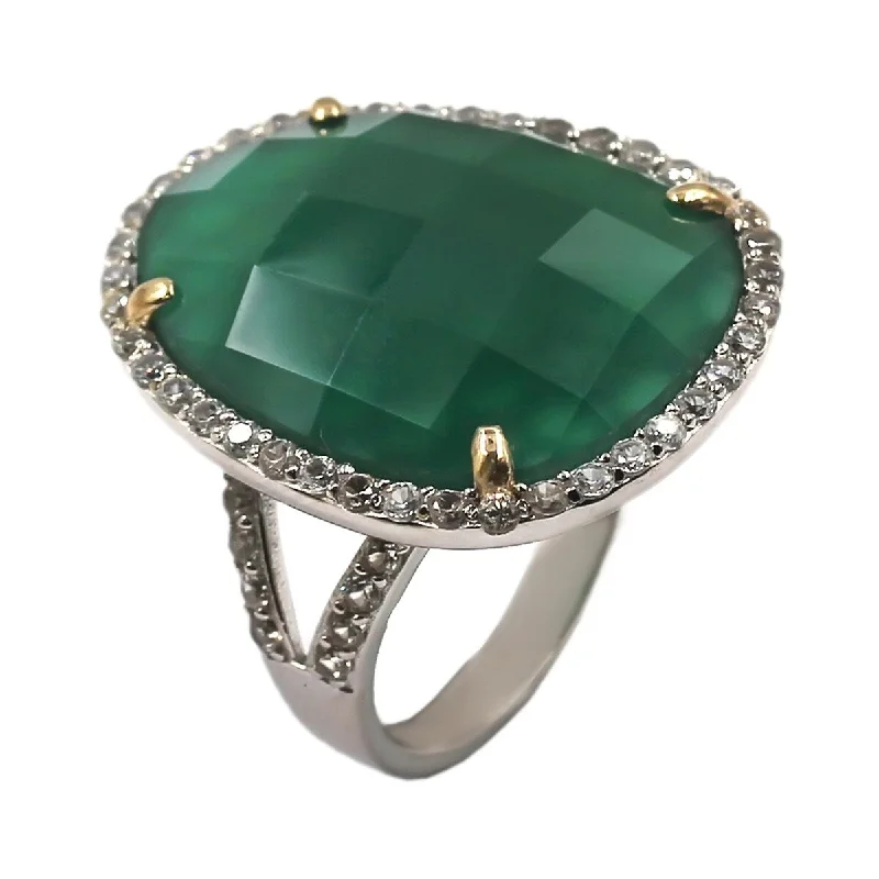 14k Gold and Sterling Silver Green Agate and Zircon Ring