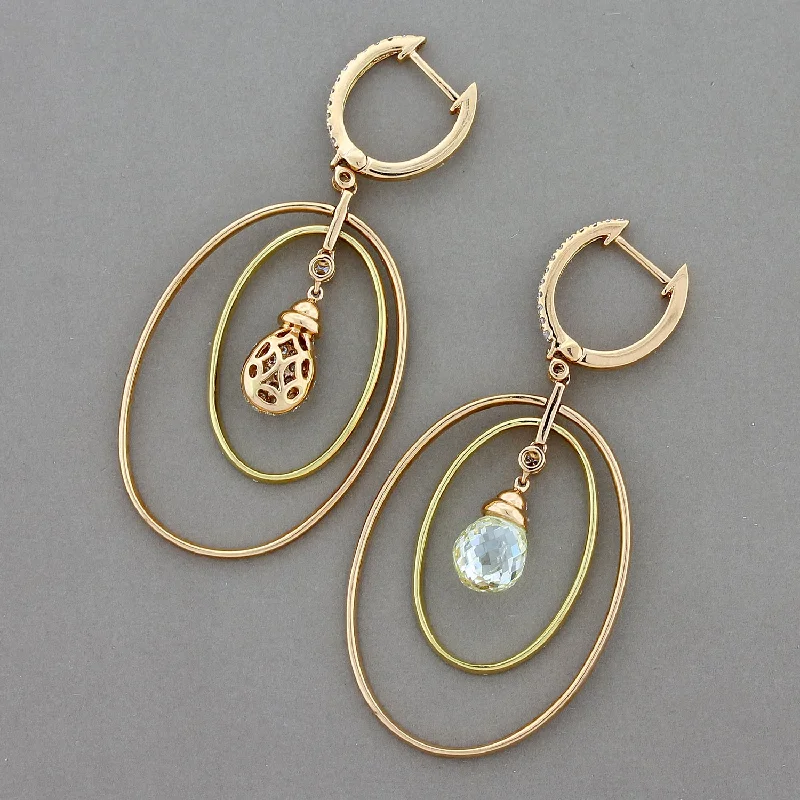 Magnificent Briolette and Pave Diamond Circle Gold Drop Earrings