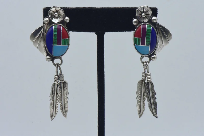 Vintage Handmade Sterling Silver Inlaid Dangle Earrings