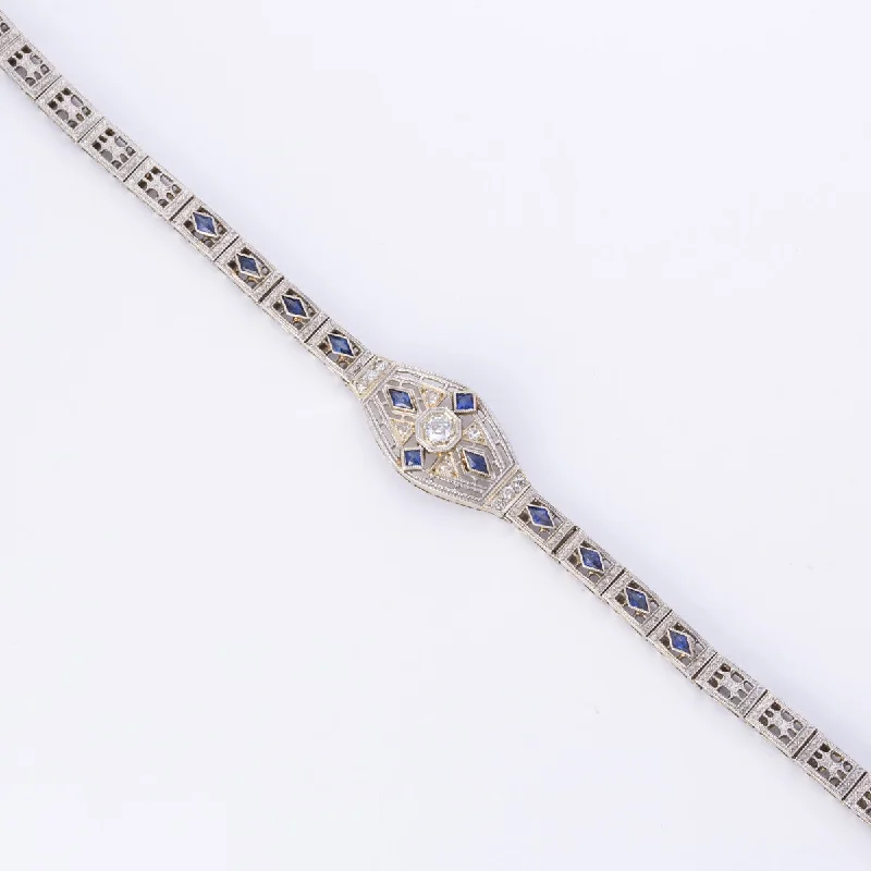 Vintage 14k and Platinum Diamond and Sapphire Bracelet | 0.20ctw, 0.70ctw | 7"