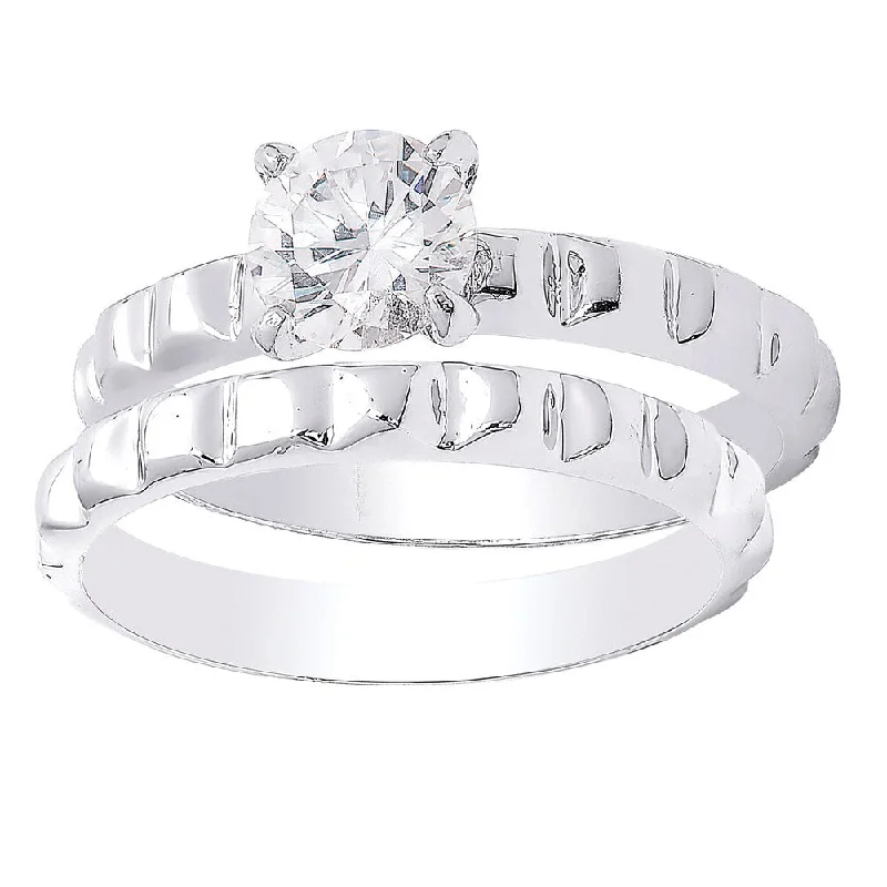 Dolce Giavonna Silver Overlay Cubic Zirconia Bridal Ring Set