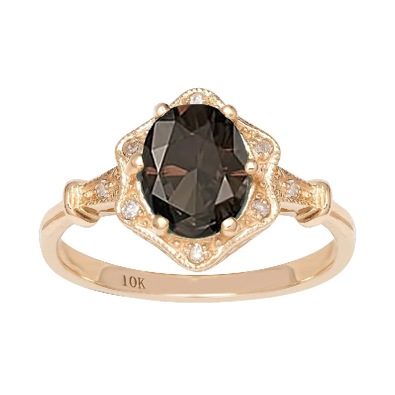 Viducci 10k Yellow Gold Vintage Style Genuine Oval Smoky Quartz and Diamond Halo Ring