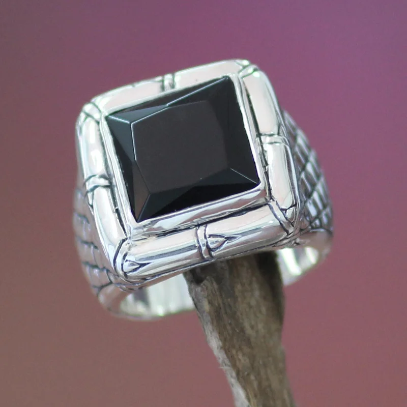 Handmade Kingdom of Night Modern Square Black Onyx Mens Sterling Silver Ring (Indonesia)