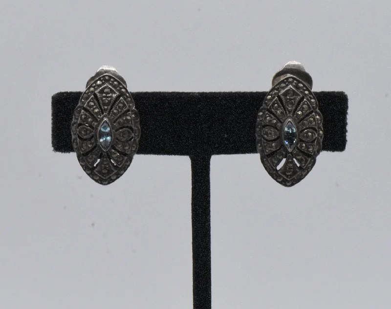 Vintage Sterling Silver Blue Topaz and Marcasite Art Deco Style Clip On Earrings