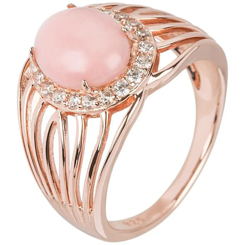 Rose Gold Over Sterling Silver Pink Opal and White Natural Zircon Ring